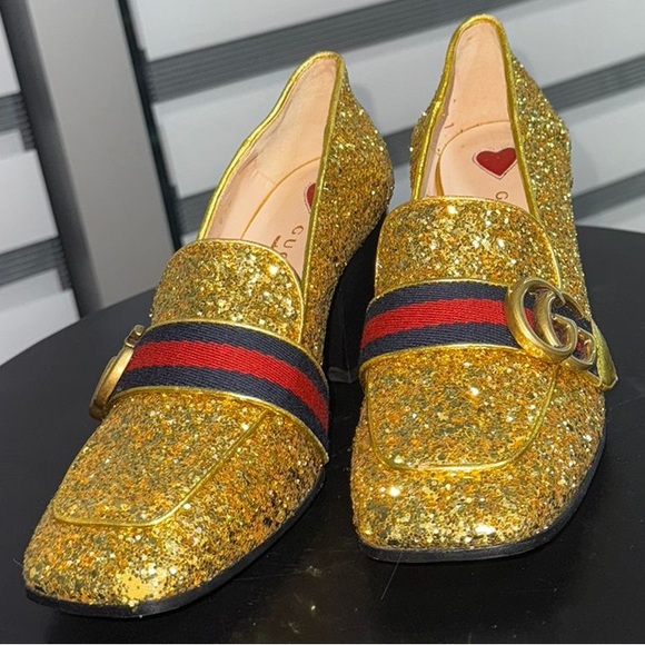 Gucci Glitter Gold Loafers with Signature Stripe - Picture 1 of 3